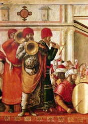 St. Georg tauft die Heiden, Detail der Musiker auf der linken Seite, 1501-07